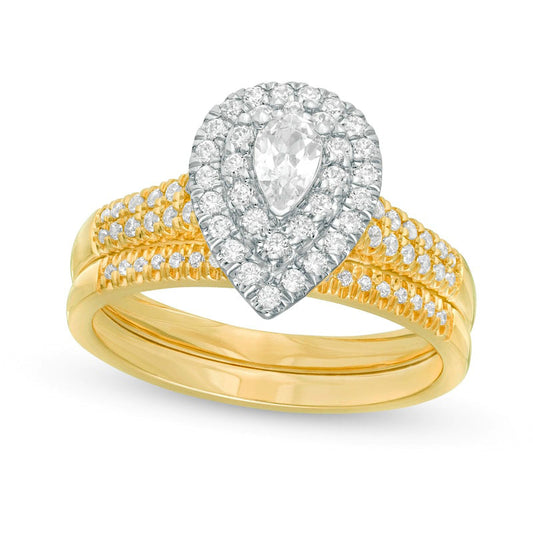 0.75 CT. T.W. Pear-Shaped Natural Diamond Double Frame Bridal Engagement Ring Set in Solid 14K Gold