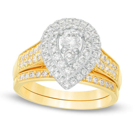 1.0 CT. T.W. Natural Diamond Double Pear-Shaped Frame Antique Vintage-Style Bridal Engagement Ring Set in Solid 14K Gold