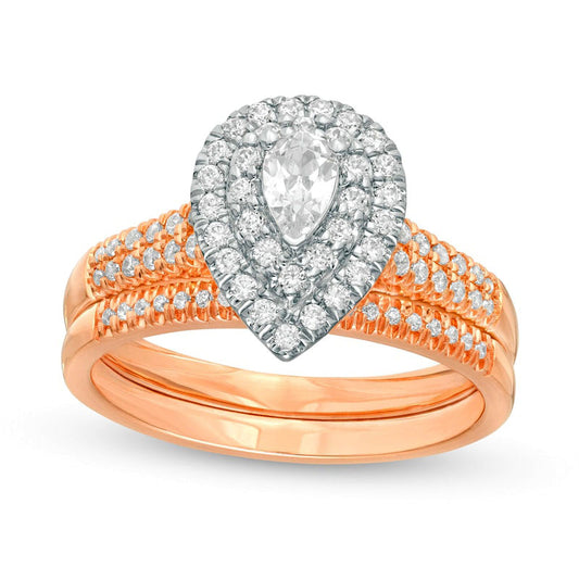 0.75 CT. T.W. Pear-Shaped Natural Diamond Double Frame Bridal Engagement Ring Set in Solid 14K Rose Gold