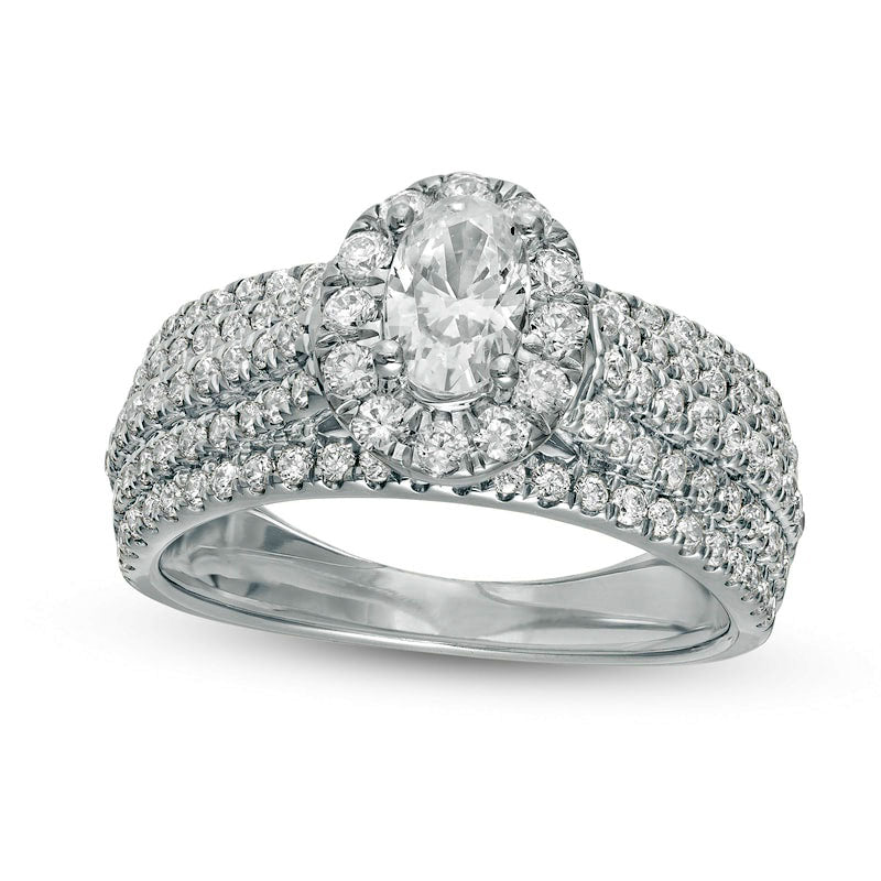 1.5 CT. T.W. Oval Natural Diamond Frame Multi-Row Engagement Ring in Solid 14K White Gold