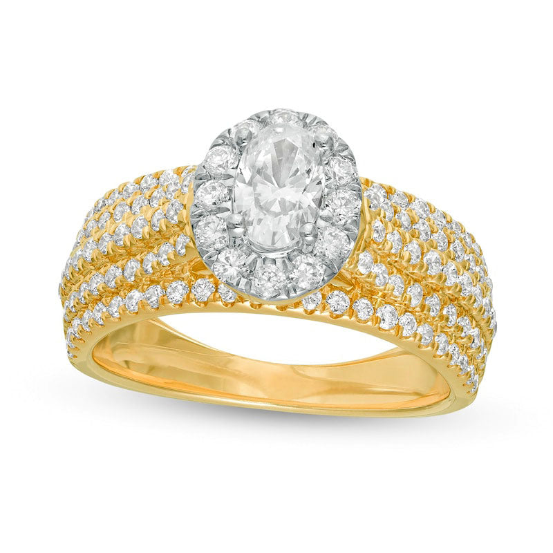 1.5 CT. T.W. Oval Natural Diamond Frame Multi-Row Engagement Ring in Solid 14K Gold