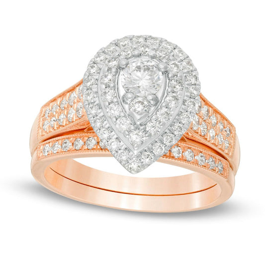 1.0 CT. T.W. Natural Diamond Double Pear-Shaped Frame Antique Vintage-Style Bridal Engagement Ring Set in Solid 14K Rose Gold