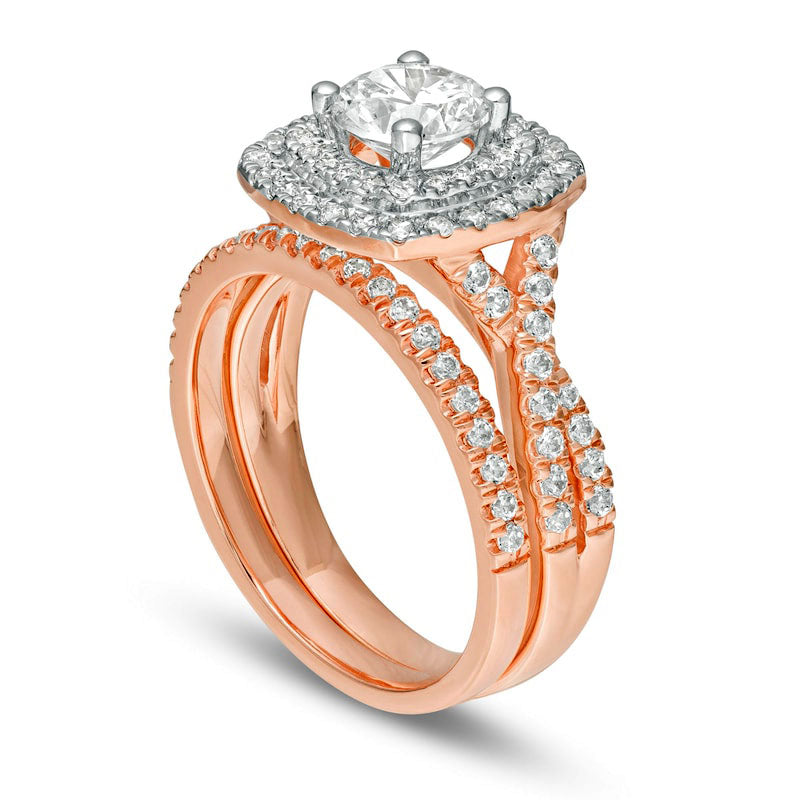 1.63 CT. T.W. Natural Diamond Double Cushion Frame Twist Shank Bridal Engagement Ring Set in Solid 14K Rose Gold