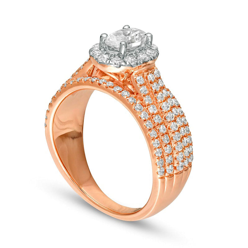 1.5 CT. T.W. Oval Natural Diamond Frame Multi-Row Engagement Ring in Solid 14K Rose Gold