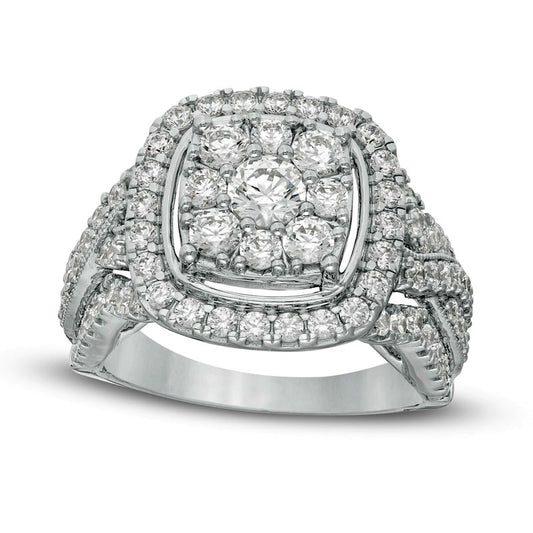 2.0 CT. T.W. Natural Diamond Double Cushion Frame Multi-Row Engagement Ring in Solid 14K White Gold