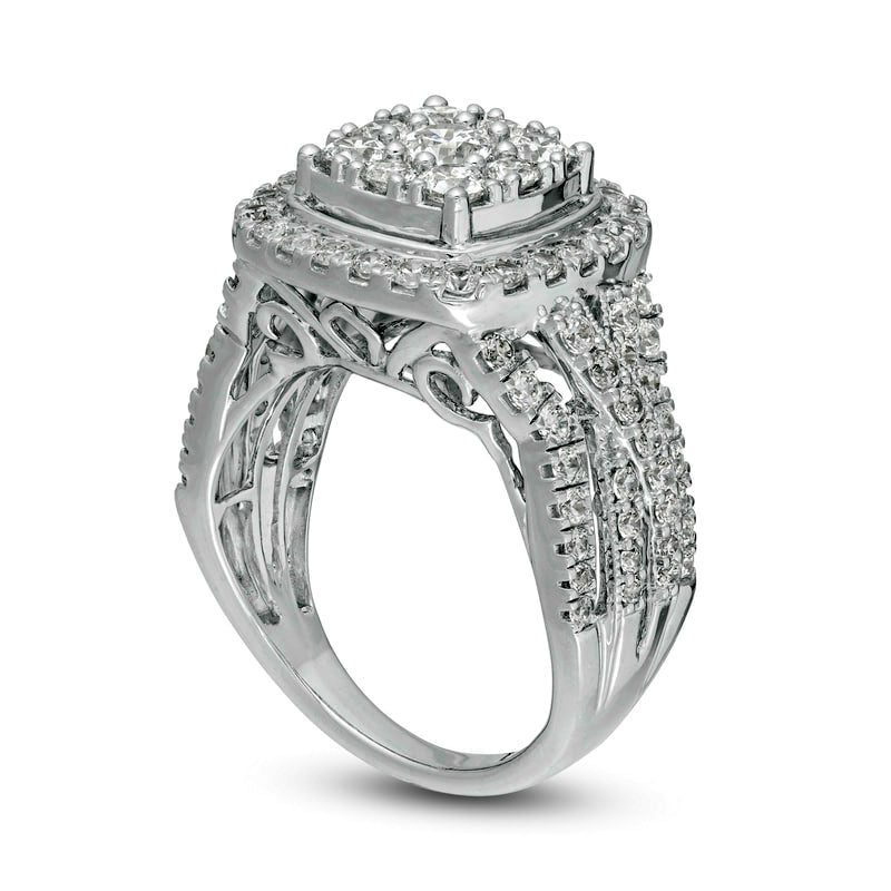 2.0 CT. T.W. Natural Diamond Double Cushion Frame Multi-Row Engagement Ring in Solid 14K White Gold