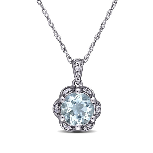 7.0mm Aquamarine and 0.05 CT. T.W. Natural Diamond Frame Flower Drop Pendant in 14K White Gold - 17"