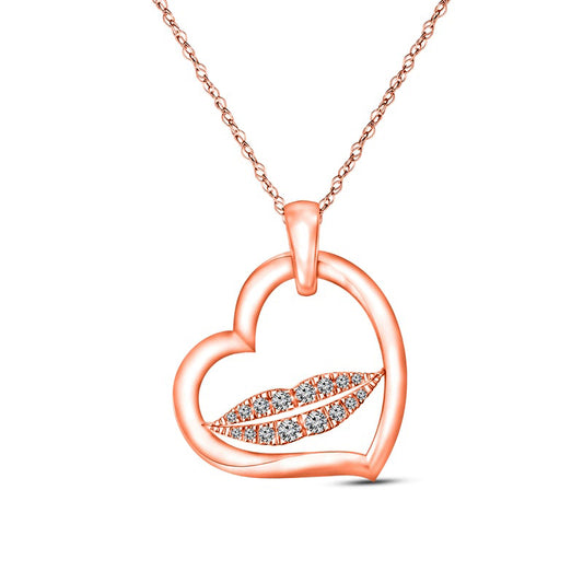 0.1 CT. T.W. Natural Diamond Tilted Heart Outline with Lips Pendant in 10K Rose Gold