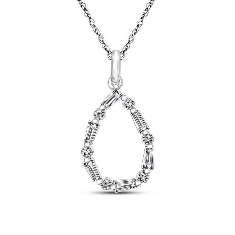 0.25 CT. T.W. Baguette and Round Natural Diamond Teardrop Pendant in 10K White Gold