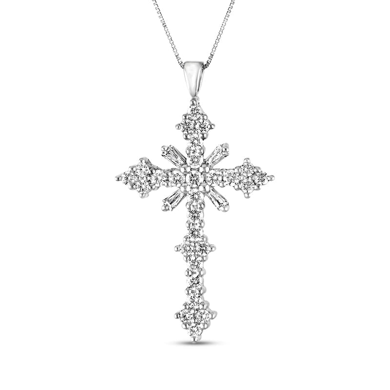 3 CT. T.W. Baguette and Round Natural Diamond Cross Pendant in 14K White Gold