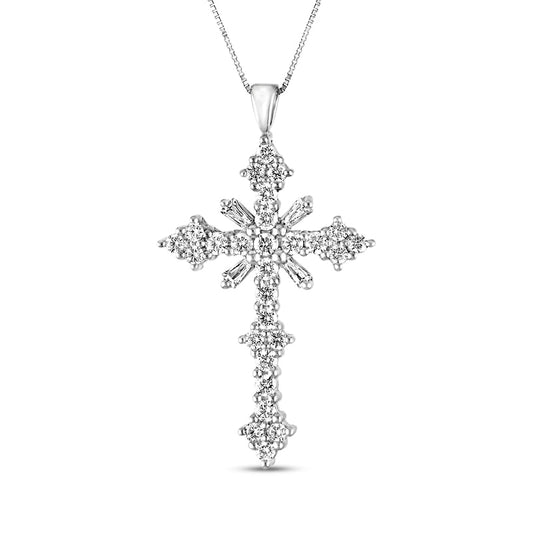 3 CT. T.W. Baguette and Round Natural Diamond Cross Pendant in 14K White Gold