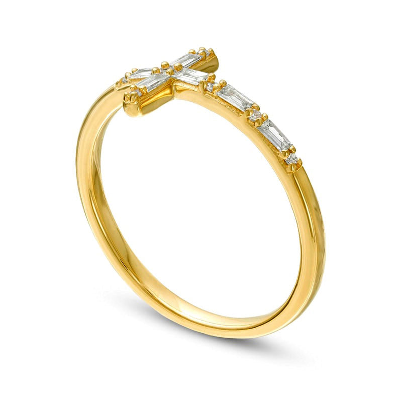 0.17 CT. T.W. Baguette and Round Natural Diamond Sideways Cross Ring in Solid 10K Yellow Gold