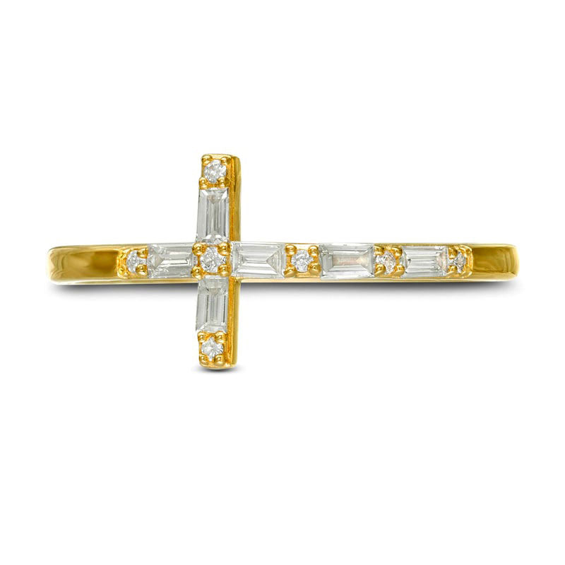 0.17 CT. T.W. Baguette and Round Natural Diamond Sideways Cross Ring in Solid 10K Yellow Gold