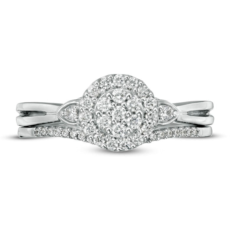 0.25 CT. T.W. Composite Natural Diamond Frame Leaf-Sides Split Shank Bridal Engagement Ring Set in Sterling Silver