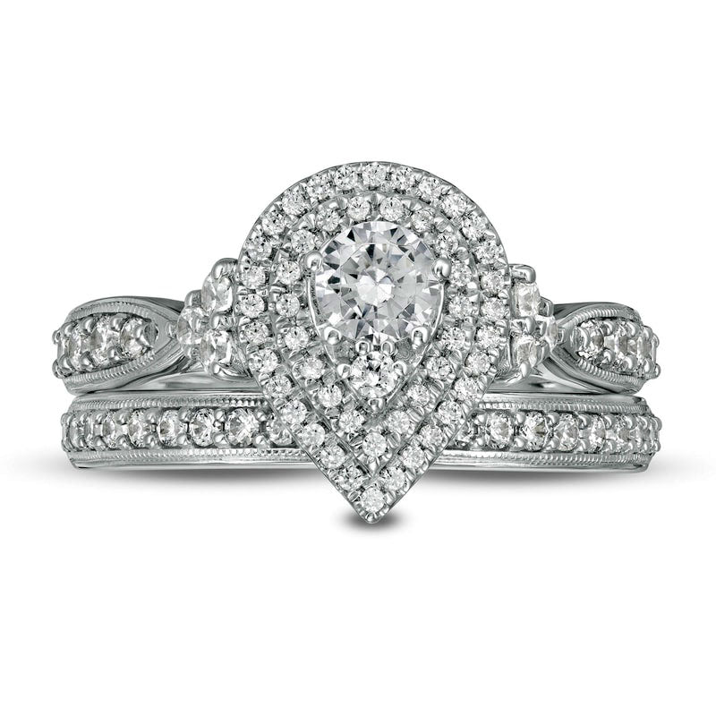 0.88 CT. T.W. Natural Diamond Double Pear-Shaped Frame Antique Vintage-Style Bridal Engagement Ring Set in Solid 10K White Gold