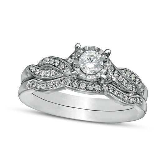 0.38 CT. T.W. Natural Diamond Bypass Antique Vintage-Style Bridal Engagement Ring Set in Solid 10K White Gold