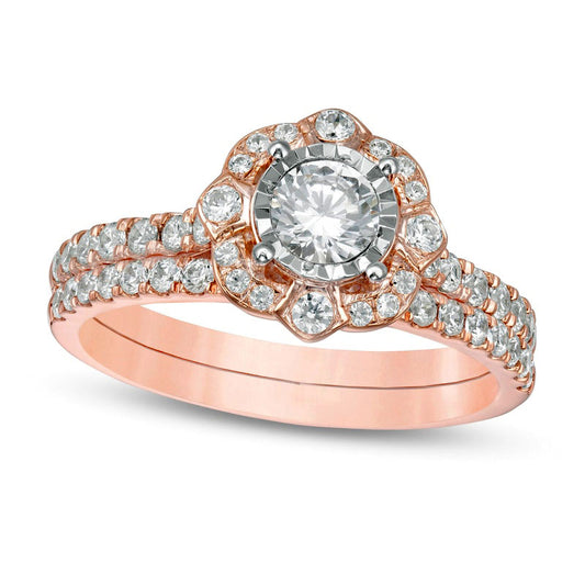 1.0 CT. T.W. Natural Diamond Ornate Frame Antique Vintage-Style Bridal Engagement Ring Set in Solid 10K Rose Gold