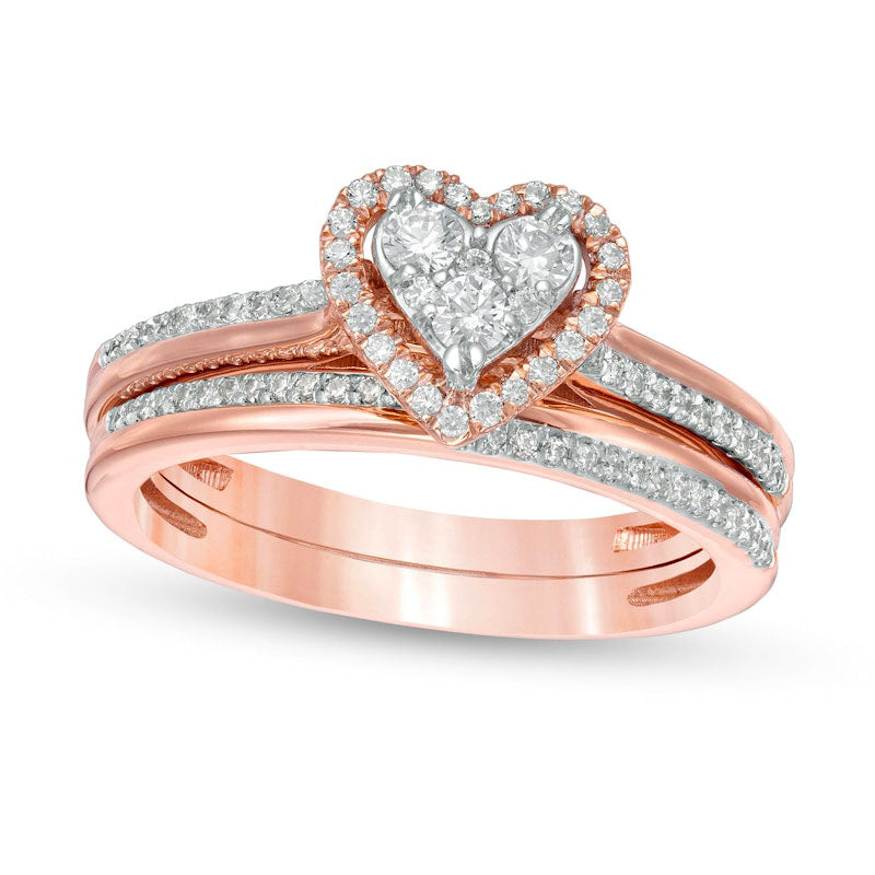 0.50 CT. T.W. Composite Natural Diamond Heart-Shaped Frame Bridal Engagement Ring Set in Solid 10K Rose Gold