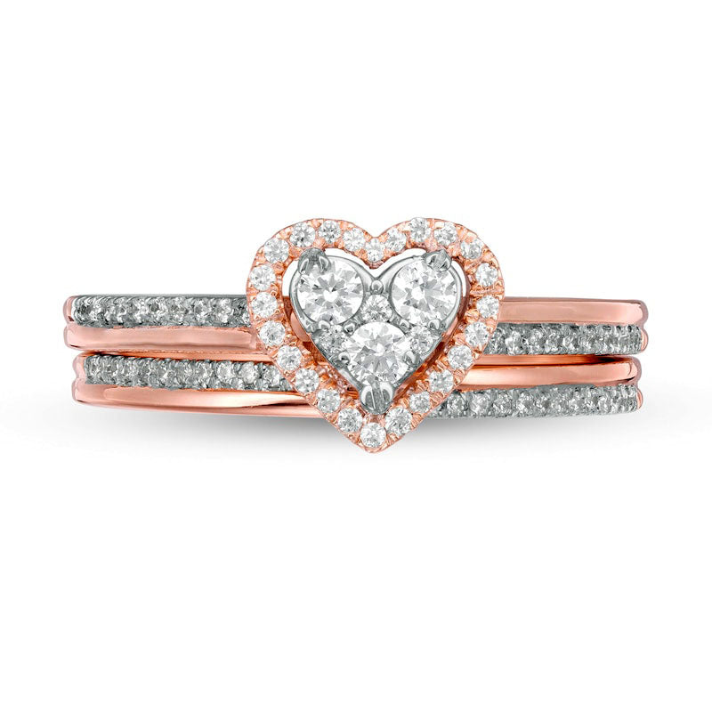 0.50 CT. T.W. Composite Natural Diamond Heart-Shaped Frame Bridal Engagement Ring Set in Solid 10K Rose Gold