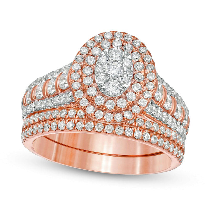 1.5 CT. T.W. Composite Natural Diamond Double Oval Frame Multi-Row Bridal Engagement Ring Set in Solid 10K Rose Gold