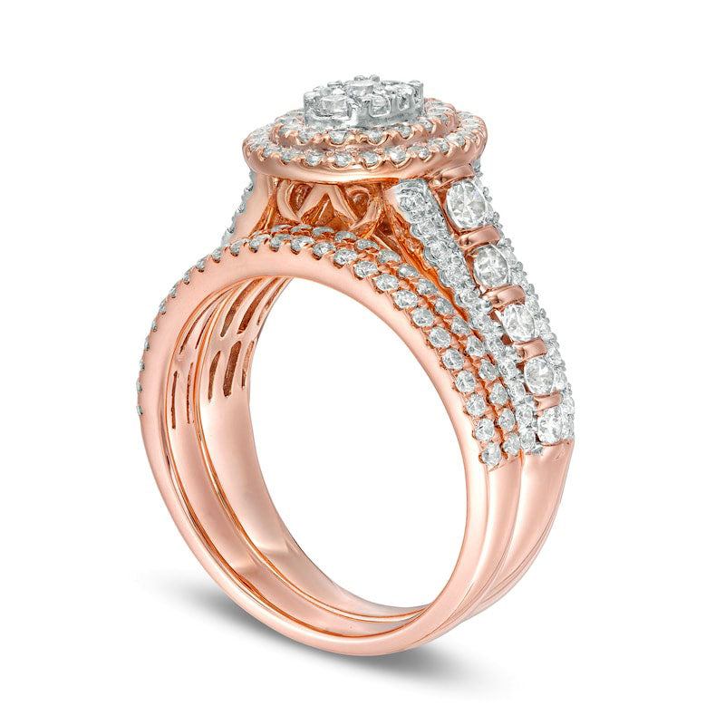 1.5 CT. T.W. Composite Natural Diamond Double Oval Frame Multi-Row Bridal Engagement Ring Set in Solid 10K Rose Gold