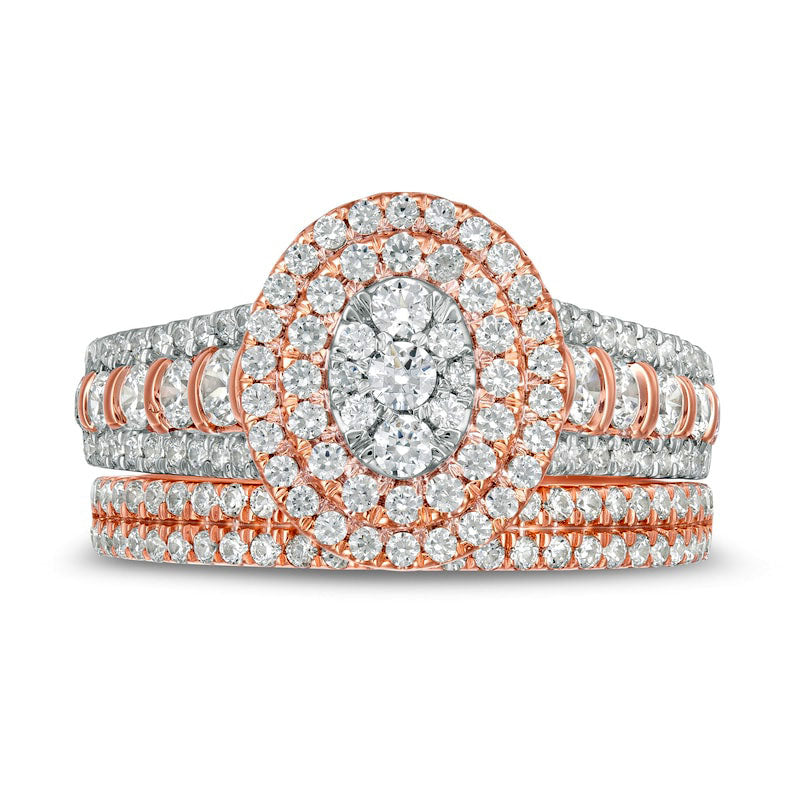 1.5 CT. T.W. Composite Natural Diamond Double Oval Frame Multi-Row Bridal Engagement Ring Set in Solid 10K Rose Gold