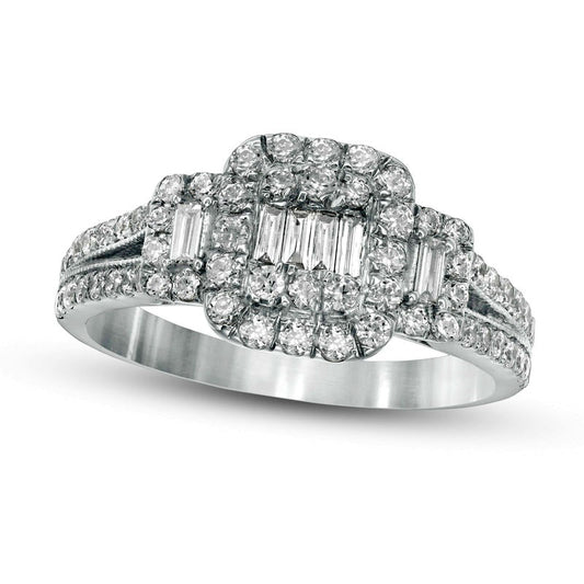 0.88 CT. T.W. Composite Natural Diamond Cushion Frame Engagement Ring in Solid 10K White Gold