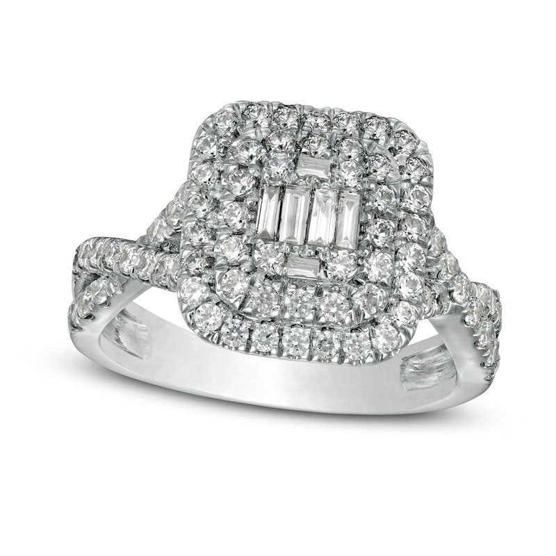 1.0 CT. T.W. Composite Natural Diamond Double Cushion Frame Twist Shank Engagement Ring in Solid 10K White Gold