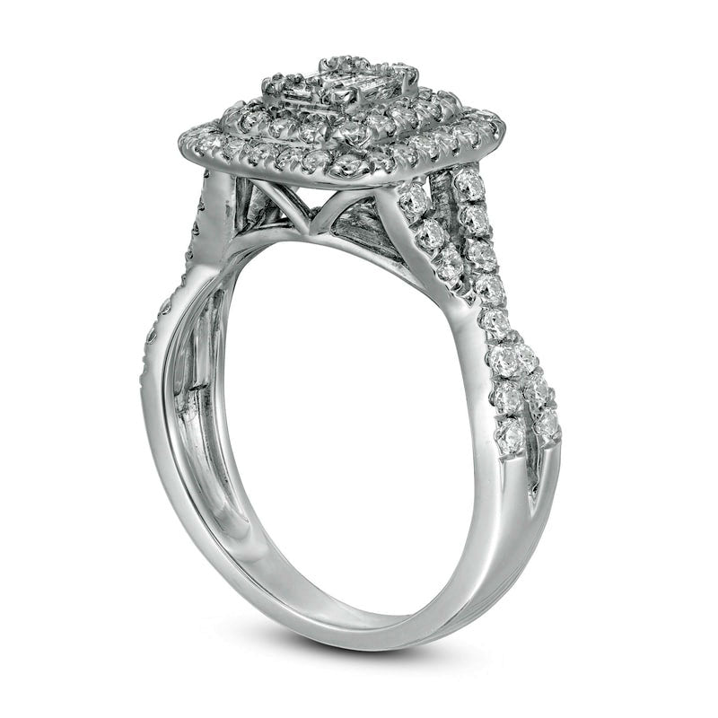 1.0 CT. T.W. Composite Natural Diamond Double Cushion Frame Twist Shank Engagement Ring in Solid 10K White Gold