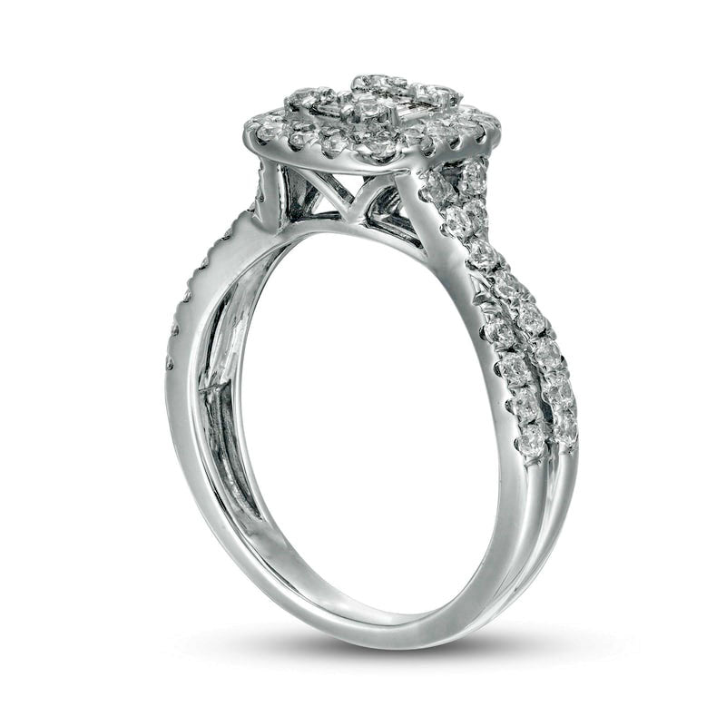 0.88 CT. T.W. Composite Natural Diamond Cushion Frame Twist Shank Engagement Ring in Solid 10K White Gold