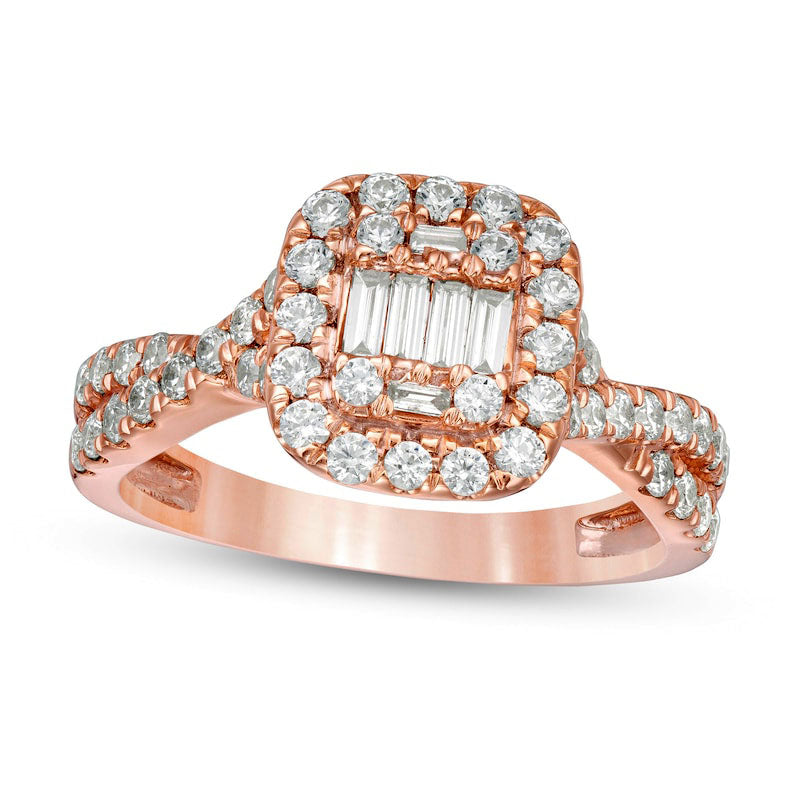 0.88 CT. T.W. Composite Natural Diamond Cushion Frame Twist Shank Engagement Ring in Solid 10K Rose Gold