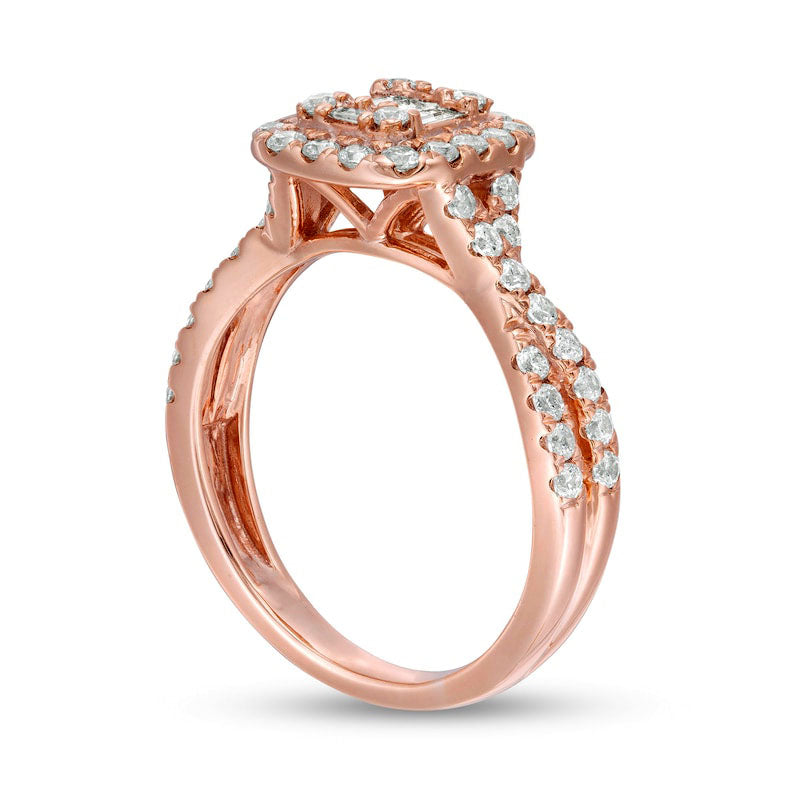 0.88 CT. T.W. Composite Natural Diamond Cushion Frame Twist Shank Engagement Ring in Solid 10K Rose Gold