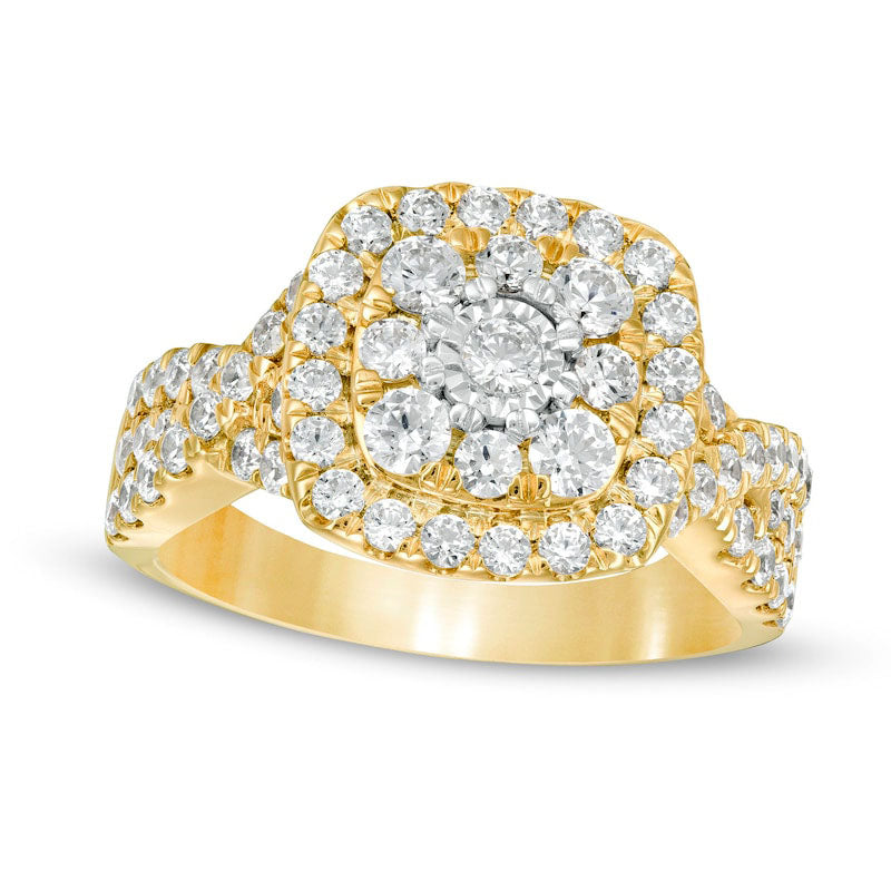 1.63 CT. T.W. Natural Diamond Double Cushion Frame Twist Shank Engagement Ring in Solid 10K Yellow Gold