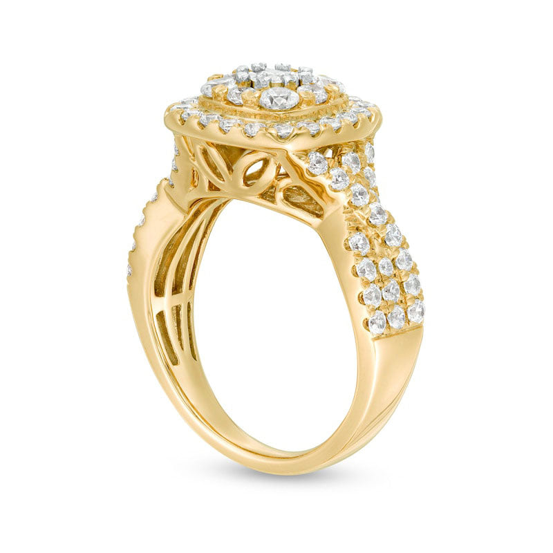 1.63 CT. T.W. Natural Diamond Double Cushion Frame Twist Shank Engagement Ring in Solid 10K Yellow Gold