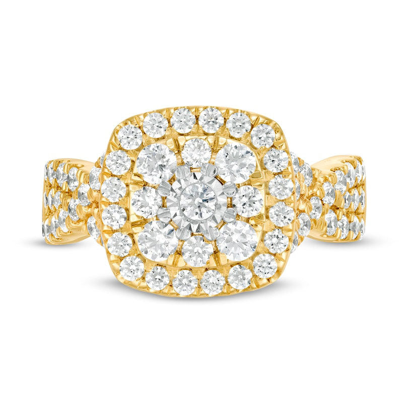 1.63 CT. T.W. Natural Diamond Double Cushion Frame Twist Shank Engagement Ring in Solid 10K Yellow Gold