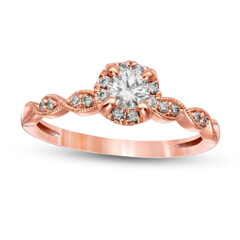 0.50 CT. T.W. Natural Diamond Frame Scallop-Edge Antique Vintage-Style Engagement Ring in Solid 14K Rose Gold