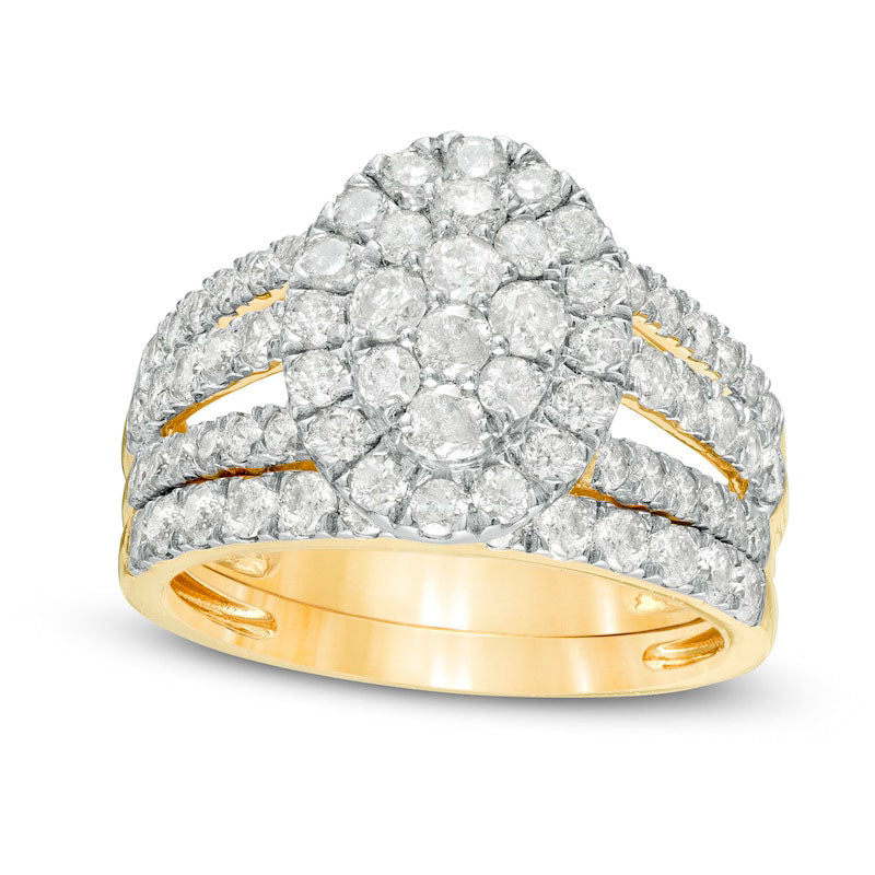 2.0 CT. T.W. Composite Natural Diamond Double Oval Frame Multi-Row Bridal Engagement Ring Set in Solid 10K Yellow Gold