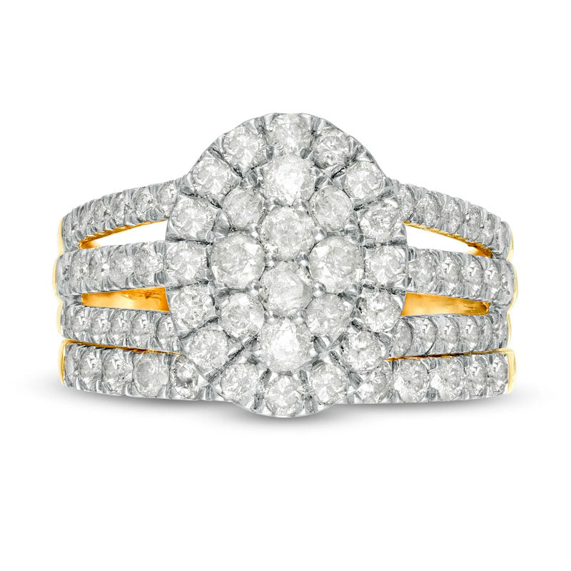 2.0 CT. T.W. Composite Natural Diamond Double Oval Frame Multi-Row Bridal Engagement Ring Set in Solid 10K Yellow Gold