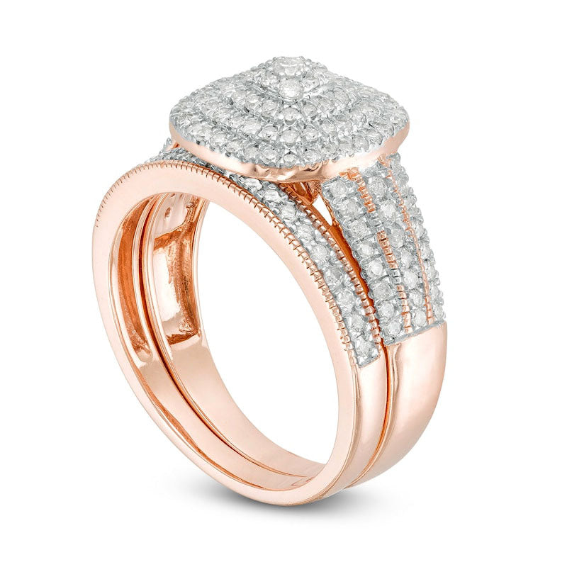 0.75 CT. T.W. Composite Natural Diamond Triple Cushion Frame Antique Vintage-Style Multi-Row Bridal Engagement Ring Set in Solid 10K Rose Gold