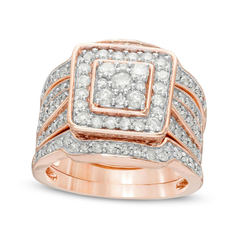 1.5 CT. T.W. Composite Natural Diamond Cushion Frame Multi-Row Three Piece Bridal Engagement Ring Set in Solid 10K Rose Gold