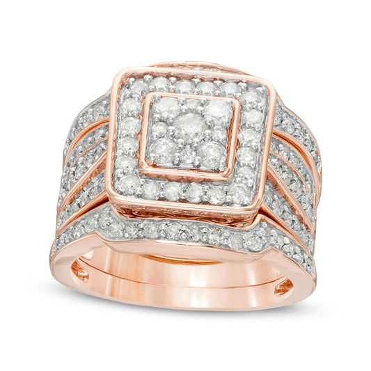 1.5 CT. T.W. Composite Natural Diamond Cushion Frame Multi-Row Three Piece Bridal Engagement Ring Set in Solid 10K Rose Gold