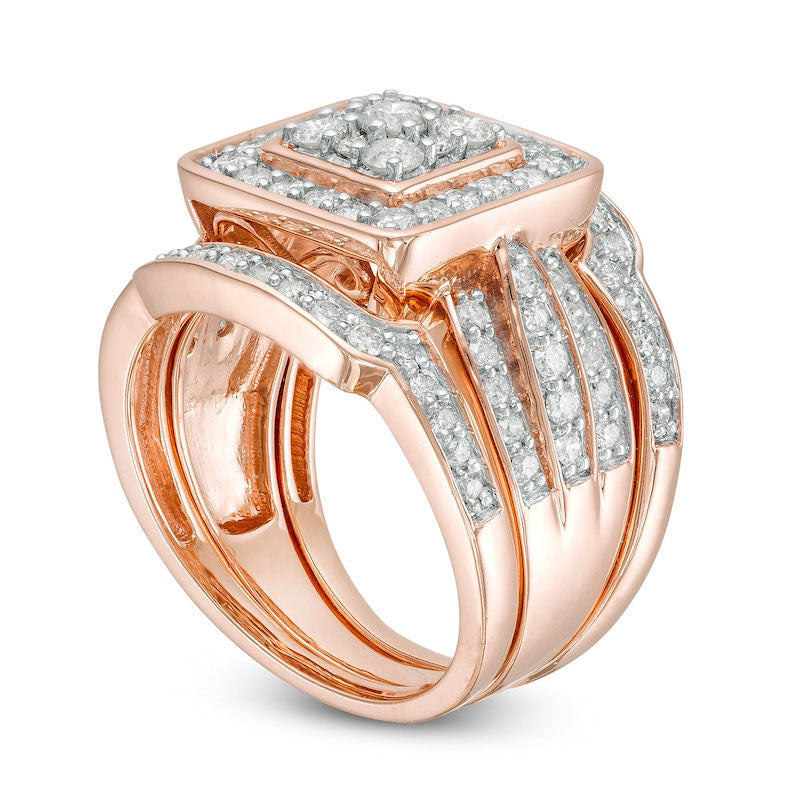 1.5 CT. T.W. Composite Natural Diamond Cushion Frame Multi-Row Three Piece Bridal Engagement Ring Set in Solid 10K Rose Gold