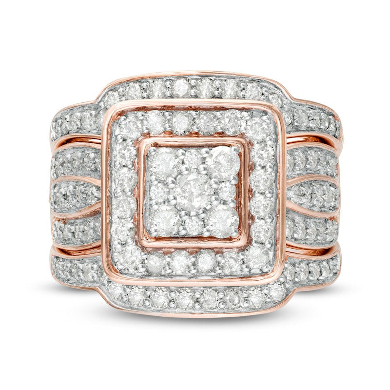 1.5 CT. T.W. Composite Natural Diamond Cushion Frame Multi-Row Three Piece Bridal Engagement Ring Set in Solid 10K Rose Gold