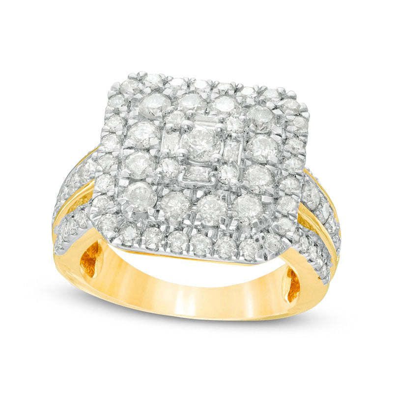 2.13 CT. T.W. Composite Natural Diamond Double Cushion Frame Multi-Row Engagement Ring in Solid 10K Yellow Gold