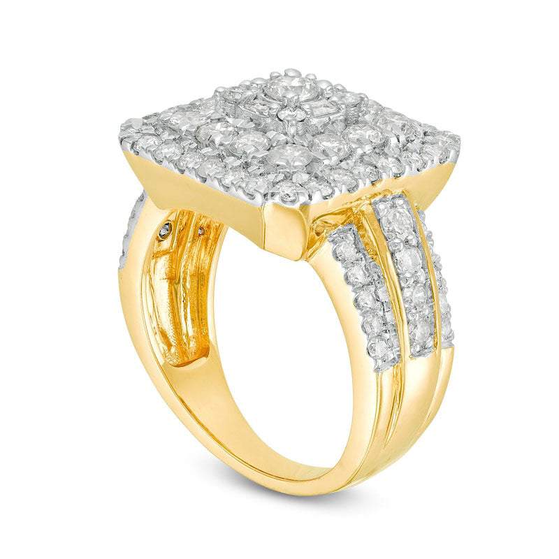 2.13 CT. T.W. Composite Natural Diamond Double Cushion Frame Multi-Row Engagement Ring in Solid 10K Yellow Gold