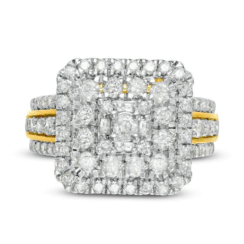 2.13 CT. T.W. Composite Natural Diamond Double Cushion Frame Multi-Row Engagement Ring in Solid 10K Yellow Gold