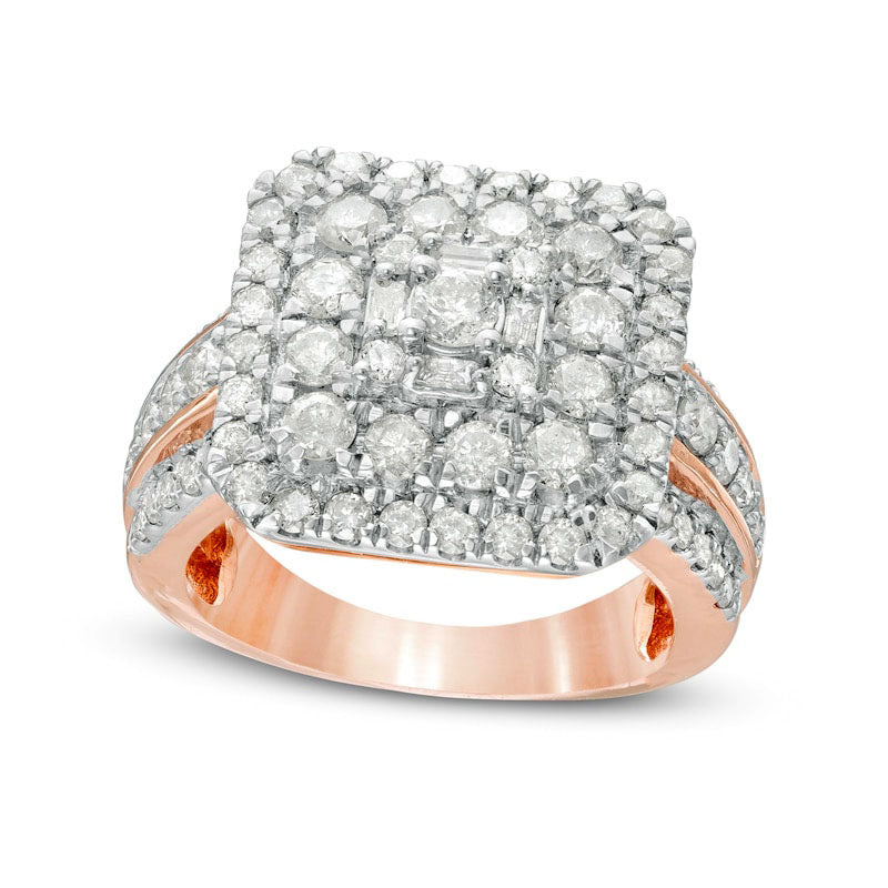 2.13 CT. T.W. Composite Natural Diamond Double Cushion Frame Multi-Row Engagement Ring in Solid 10K Rose Gold