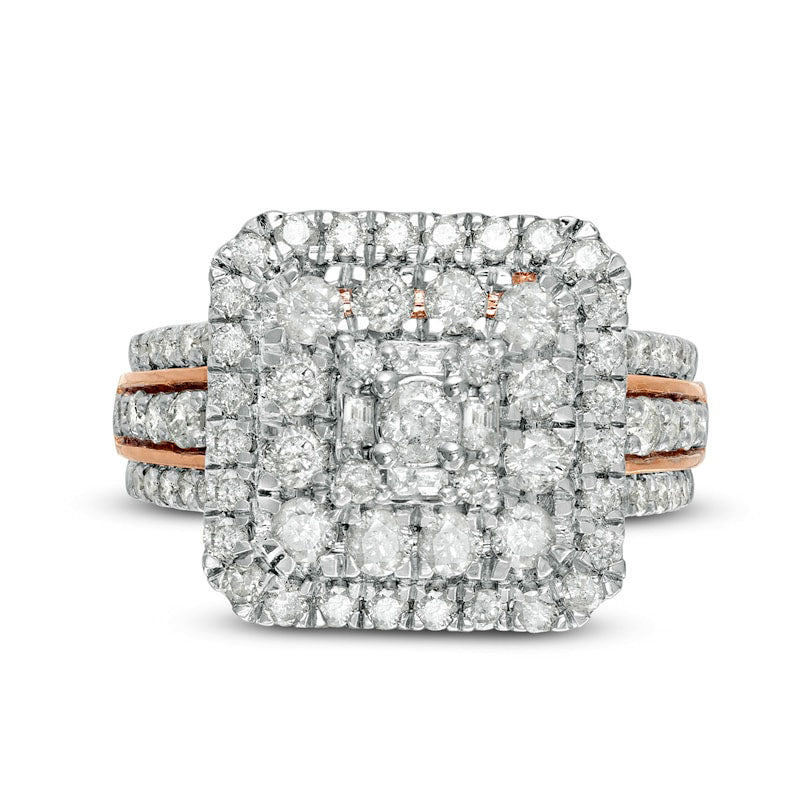 2.13 CT. T.W. Composite Natural Diamond Double Cushion Frame Multi-Row Engagement Ring in Solid 10K Rose Gold