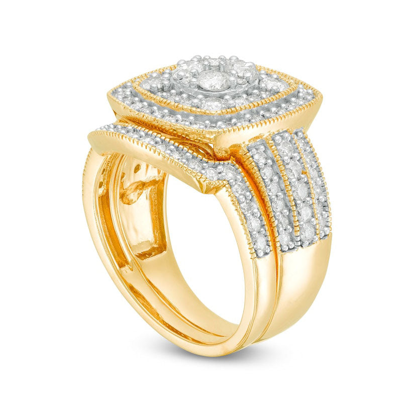 1.5 CT. T.W. Composite Natural Diamond Double Cushion Frame Antique Vintage-Style Multi-Row Bridal Engagement Ring Set in Solid 10K Yellow Gold