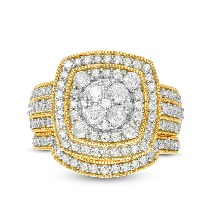 1.5 CT. T.W. Composite Natural Diamond Double Cushion Frame Antique Vintage-Style Multi-Row Bridal Engagement Ring Set in Solid 10K Yellow Gold